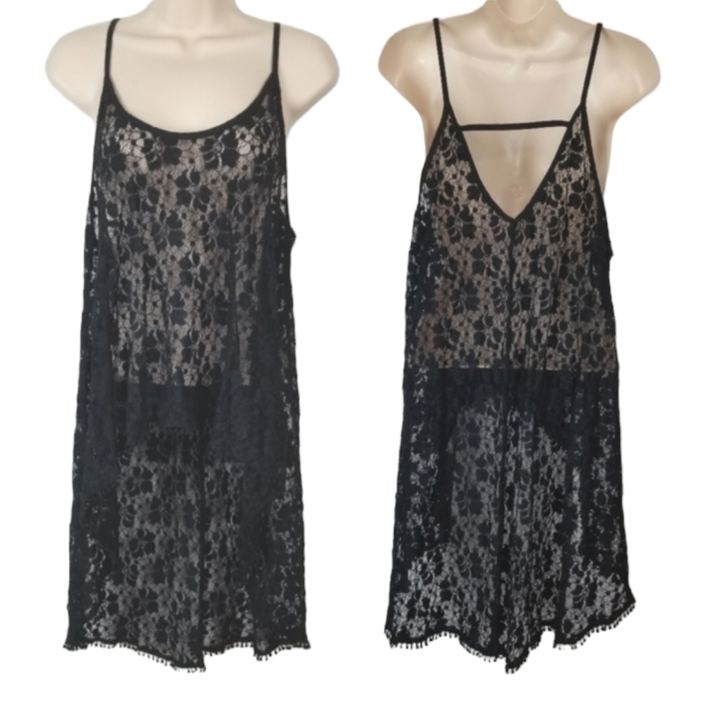 Poof Black Floral Lace Sheer Negligee High Low Pom Trim Size Large